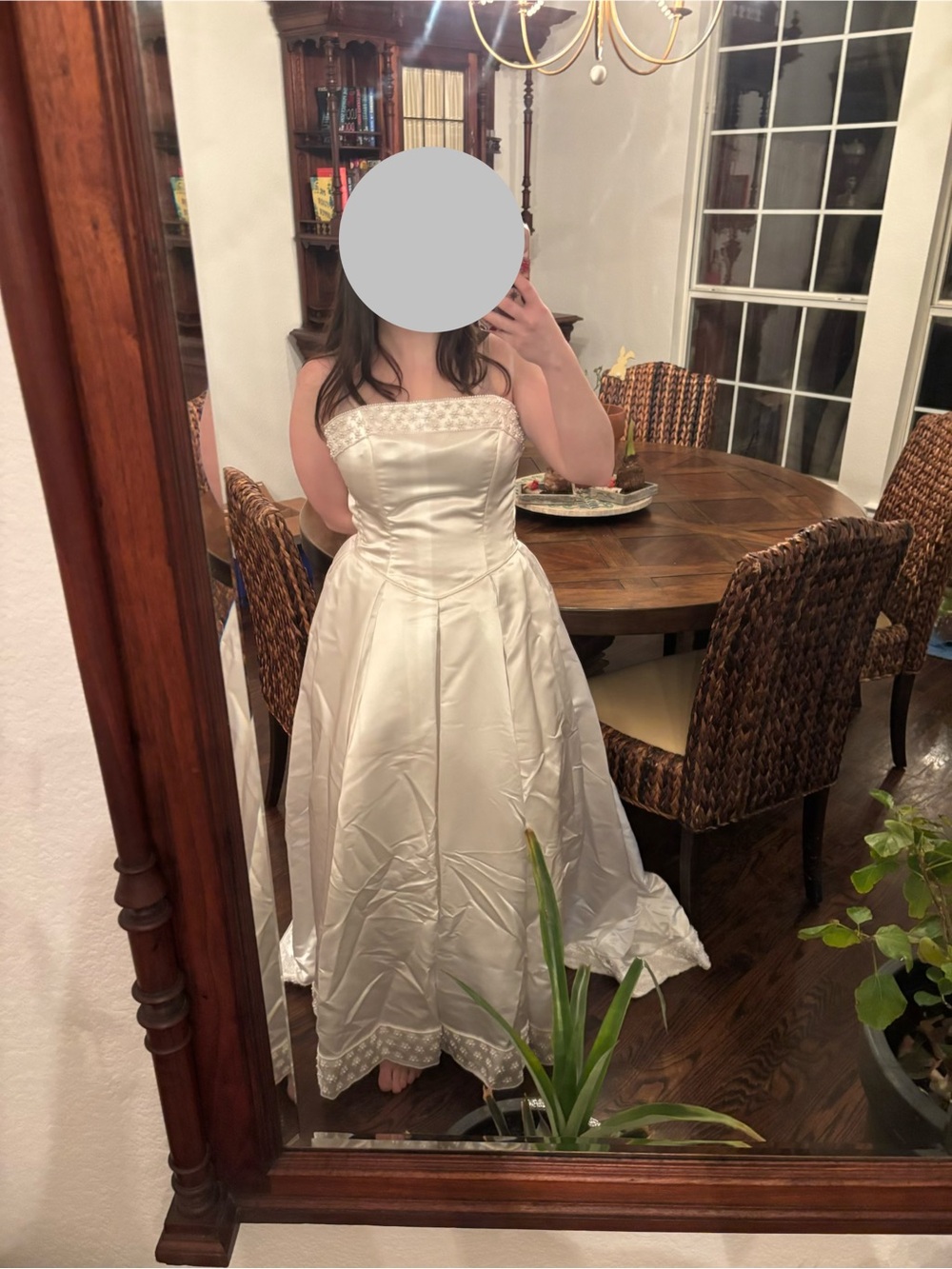 Vintage Strapless Ivory Satin A-Line Dress with Beaded Trim